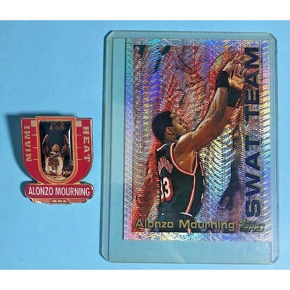 1996-97 Topps Alonzo Mourning SWAT Team Card & 1997 NBA Miami Heat Photo Pin - Picture 1 of 3